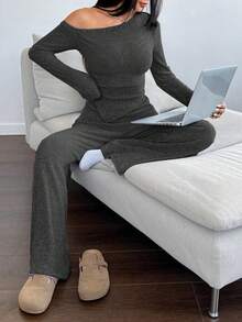 SHEIN Unity Damska wygodna asymetryczna koszulka z odkrytymi ramionami + szerokie spodnie z wysokim stanem, 2 sztuki, zestaw do codziennego noszenia w domu, zima