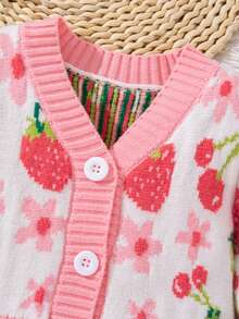 SHEIN Infant/Toddler Girls' Strawberry Print Knit Cardigan Autumn Winter Clothes ForGirln - Multicolor - View 5
