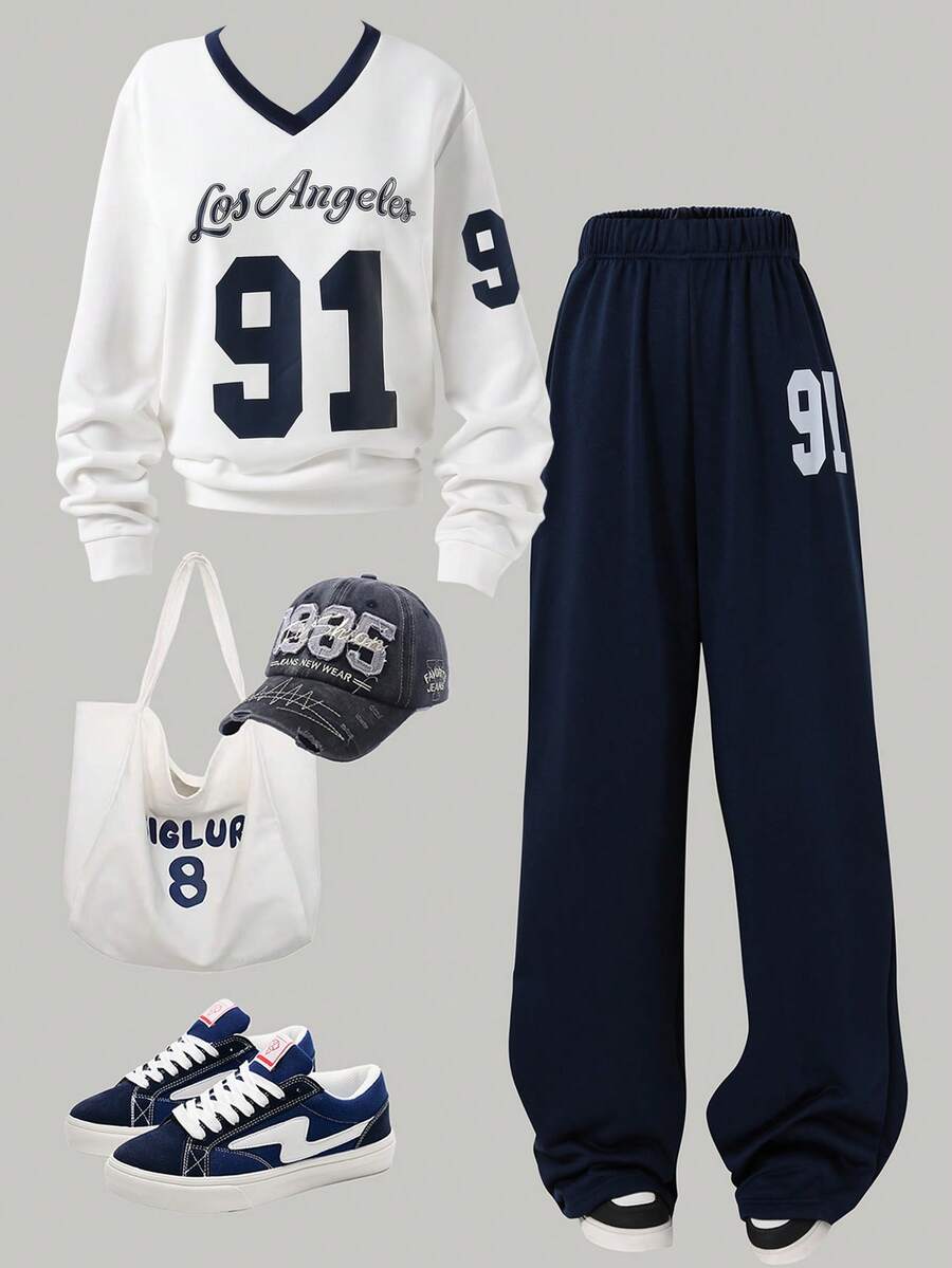 SHEIN 2pcs/Set Casual Teen Girl V-Neck Dropped Shoulder Short Sleeve & Wide Leg Pants, Numeric Pattern - Blue - View 1