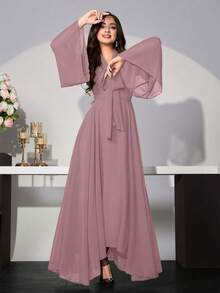 Modelyn 女式纯色系带领优雅长袖连衣裙 - 粉色 - 查看 4