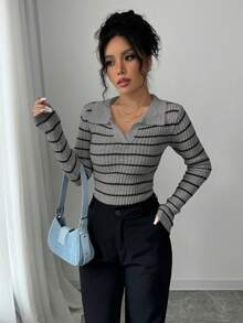 SHEIN Elenzya Áo len dài tay cổ bẻ kẻ sọc thường ngày dành cho nữ, Thu/Đông - Xám - Xem 5