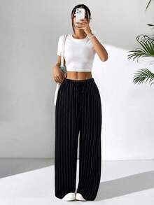 SHEIN EZwear CURVE 大码黑色亚麻休闲裤，度假风格，春夏 - 黑色 - 查看 4