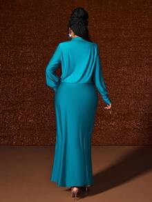 Maweii Plus Size Women's Elegant Shiny Satin Light Teal,Autumn,Night Out Club High Slit Maxi Dress,Deep V-Neck Long Sleeve Backless Formal Party Dress - Multicolor - View 7