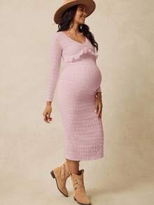 Boho Mama 孕妇时尚V领长袖度假紧身连衣裙 - 淺粉色 - 查看 6