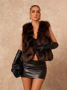 Lumalex Winter Fall Espresso Women's Solid Color Faux Fur Sleeveless Coat, Luxury Holiday Vacation New Year Party Night Out - Grey - View 6