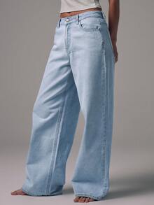 MUSERA Mid Waist Wide Leg Light Blue Wash Silver Button Detail Denim Jeans Mid Rise Casual Winter Night Out Back To School Office Work Date Night Core Denim Chic Spring Summer - Baby Blue - View 4