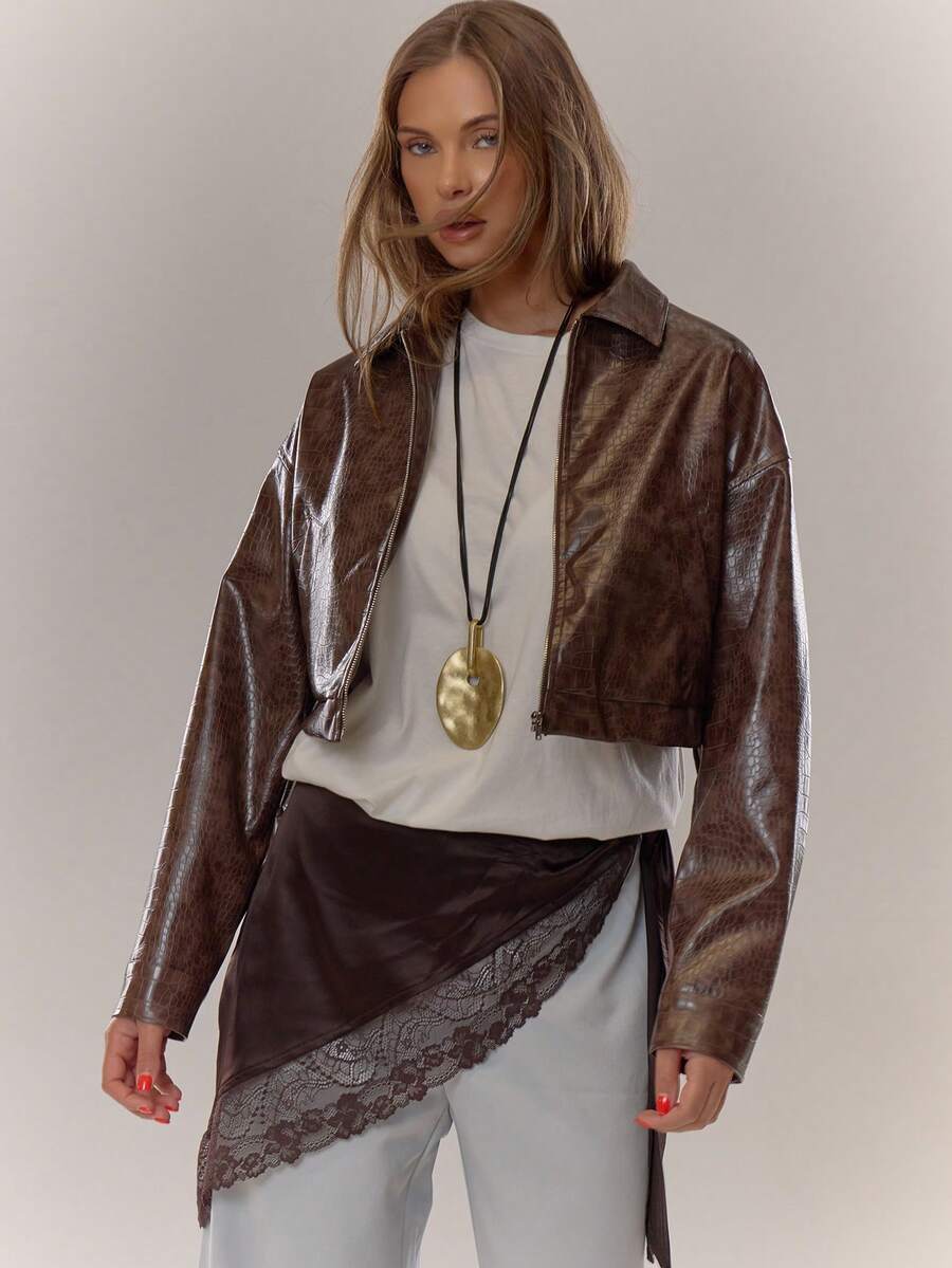 MUSERA Faux Snake Skin Leather Collar Cropped Zip Through Jacket Everyday Cosy Winter Brown - Coffee Brown - View 1