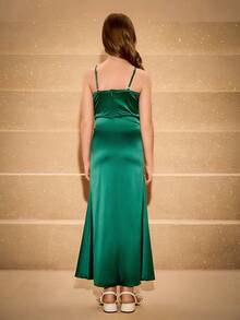 Elegant Maxi Fitted Dress For Tween Girls,Emerald Green Summer Formal V-Neck Sleeveless Gown For Evening Party,Wedding,Prom,Christmas & Graduation - Dark Green - View 2