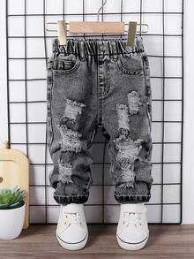 SHEIN Pantalones de mezclilla negros desgastados para bebé niño, pantalones casuales sueltos de estilo coreano - Gris - Ver 1