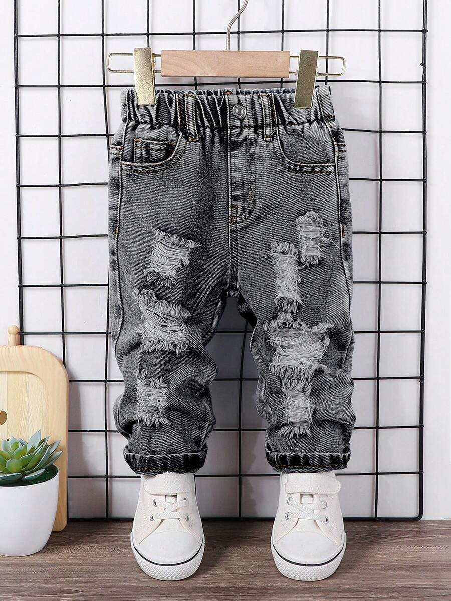 SHEIN Pantalones de mezclilla negros desgastados para bebé niño, pantalones casuales sueltos de estilo coreano - Gris - Ver 1