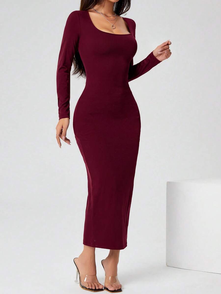 SHEIN PETITE 秋装纯色方领紧身黑色长袖连衣裙 - 酒紅色 - 查看 1