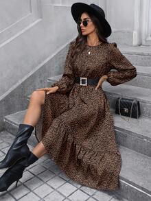 SHEIN LUNE فستان طويل أنيق للنساء بطبعة نمر على الياقة والأكمام الواسعة والذيل المتدرج، بتصميم خط A، مناسب للاستخدام اليومي والعمل، للخريف والشتاء