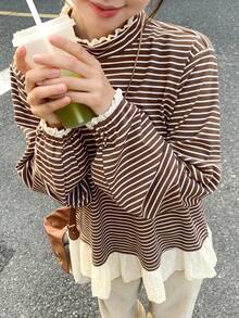 FRIFUL Women's Round Neck Loose Fit Striped Puff Sleeve Lace Patchwork Casual Long Sleeve T-Shirt