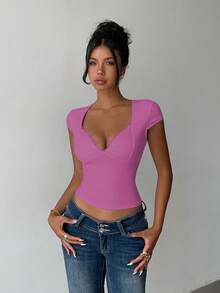INAWLY Camiseta ajustada y sexy de mujer con cuello de corazón, mangas cortas con encaje y contraste de color - Rosa Fucsia - Ver 5