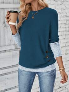 SHEIN LUNE 女士休闲撞色拼布二合一 T 恤，秋季图案 T 恤女士上衣 - 藍色 - 查看 3