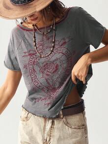 Bohemela Solid Color Knit Crew Neck Short Sleeve Fitted Washed Women T-Shirt - Dark Grey - View 2