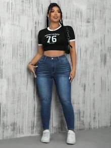 SHEIN ICON Plus Size Women Pocket Skinny Casual Everyday Wear Jeans - Dark Wash - View 6