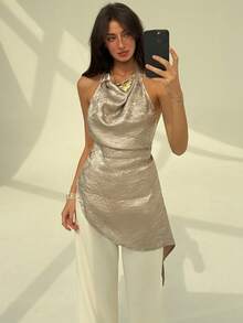 Aloruh Women's Solid Color Elegant Halter Backless Camisole - Brown - View 4