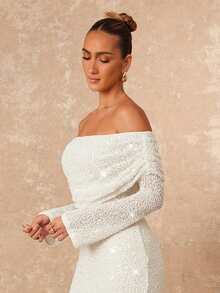 Lumalex Winter Fall Off-Shoulder Ruffle Hem Bodycon Long Sleeve Dress For Women Luxury Prom Gathering Party Banquet Modest Old Money Coquette Glitter Holiday Party Rave Festival Outing Vacation Hot Outdoor Richly Layered Wedding Season Banquet ID Al-Adha Al-Adha Party New Year Sequin Outfit Looks Of Party Gala Night Party Dress For Autumn - Apricot - View 7