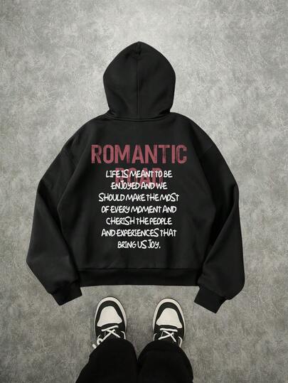 Manfinity ZONE917 Men Oversized Loose Fit Dropped Shoulder Hoodie With Red & White Slogan, Street Style, Fall/Winter