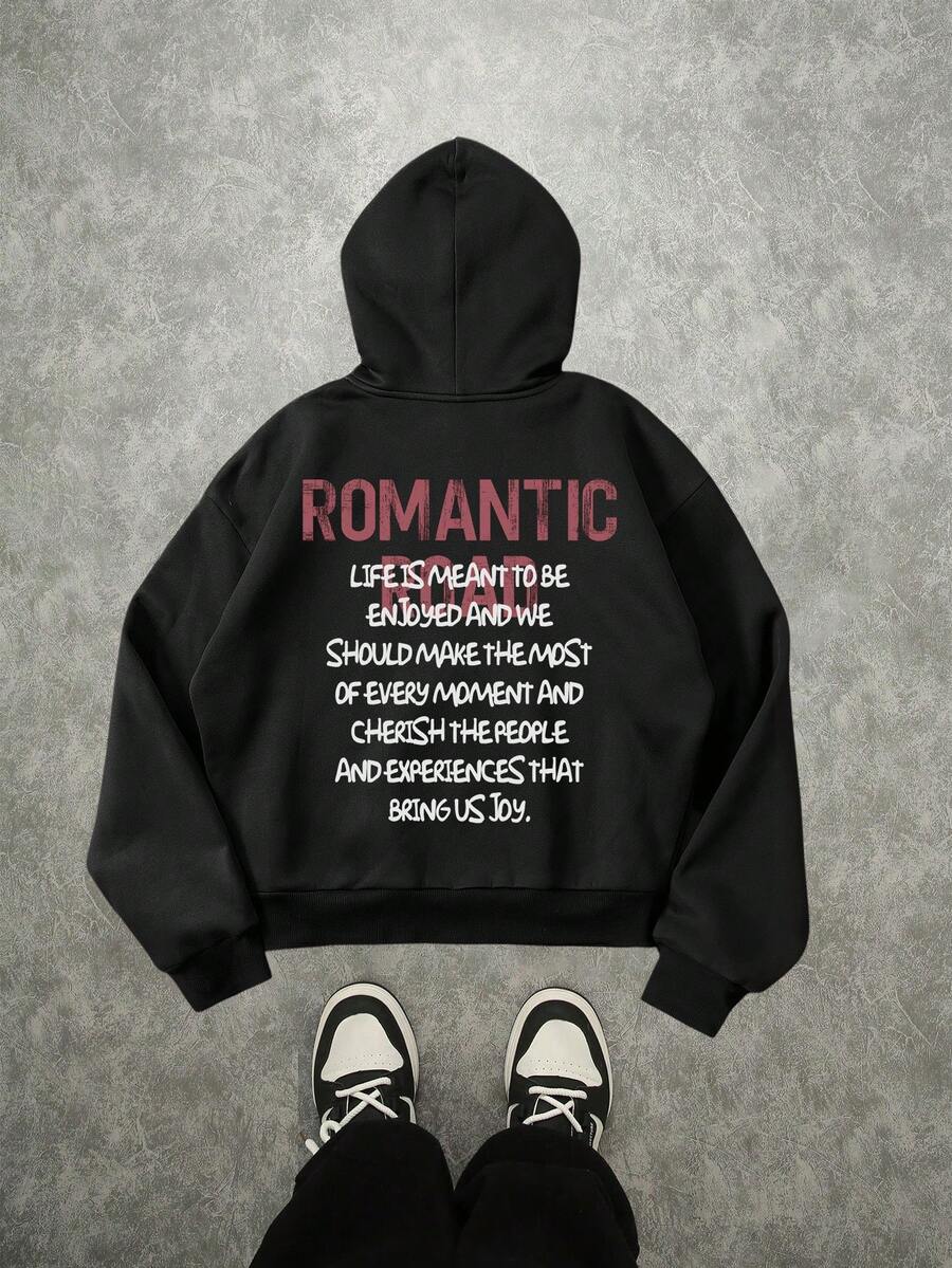 Manfinity ZONE917 Herren Oversized Loose Fit Hoodie mit Drop-Shoulder, Rot & Weiß Slogan, Streetstyle, Herbst/Winter - Schwarz - Übersicht 1