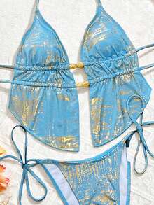 Swim SXY-D Metallic Spaghetti Strap Backless Tie Front Bikini Set, Sexy & Cute Women Beach Swimsuit - Multicolor - View 3