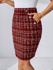 SHEIN Clasi Chân váy da giả thanh lịch có khóa kim loại bỏ túi dành cho nữ, thích hợp để đi làm, mặc thường ngày, mùa hè - Màu Đỏ Sâu - Xem 5