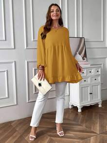 EMERY ROSE Áo sơ mi tay dài cổ tròn viền bèo nhún màu trơn cỡ lớn, đa năng, thường ngày - Màu vàng - Xem 4