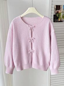 SHEIN Áo len cardigan tay đèn lồng đan nơ thời trang thường ngày đa năng cho bé gái tuổi mới lớn, thích hợp cho cuối tuần, đi chơi thường ngày, trở lại trường, mùa thu/đông - Màu Hồng baby - Xem 5