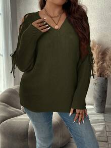 SHEIN Clasi Suéter de manga raglán con cordón para mujer de talla grande para otoño/invierno - Verde militar - Ver 6