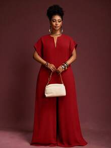 Veslaya 2025年新款复古优雅巧克力色V领短袖阔腿连体裤，大码女装，夏季 - 紅色 - 查看 6