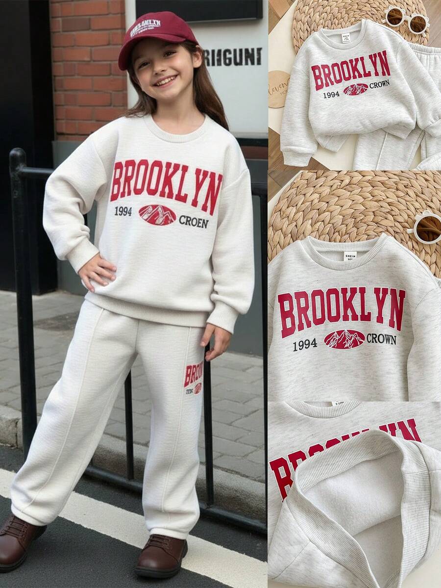 SHEIN 2件套休闲字母印花针织纯色宽松落肩长袖运动衫和阔腿运动裤套装 - 淺灰色 - 查看 1