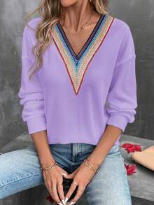 Camiseta de manga larga de unicolor con cuello en V, casual y versátil para mujeres - Morado - Ver 7