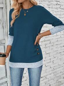 SHEIN LUNE 女士休闲撞色拼布二合一 T 恤，秋季图案 T 恤女士上衣 - 藍色 - 查看 4