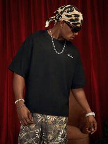 PAVTROS Manfinity Streetrush 男士街头风流行 INS 同款男士休闲印花圆领落肩短袖 T 恤，图案 T 恤，街头服饰，保暖冬季，圣诞节，男友礼物 - 黑色 - 查看 4