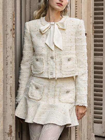 SHEIN Vit tonårsflicka med julmotiv, avslappnad minimalistisk och bekväm texturerad vävd jacka, höst- och vinterkläder för flickor