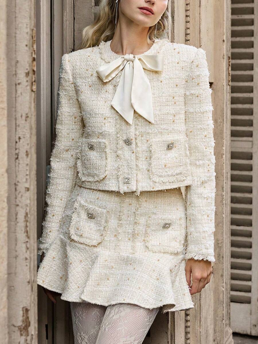 SHEIN Christmas White Teen Girl Casual Minimalist Comfortable Textured Woven Jacket Autumn Winter Clothes For Girl