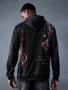 ROMWE MEN Goth 男士深色连帽衫，适合日常穿着，春夏秋季皆宜。 - 黑色 - 查看 10
