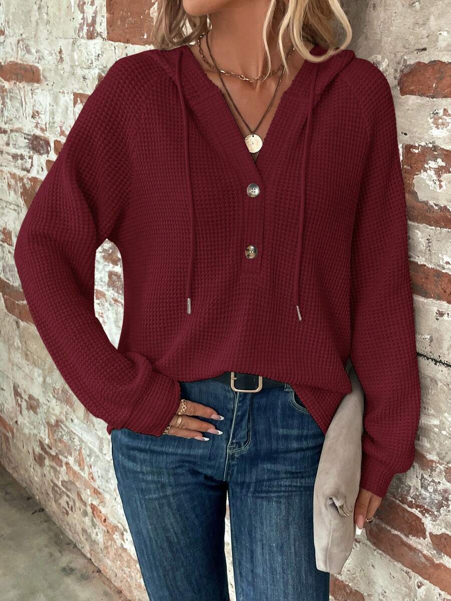 SHEIN Clasi Plain Style Solid Color Hooded Long Sleeve Pullover Sweatshirt,Long Sleeve Tops In Fall/Winter - Burgundy - View 1