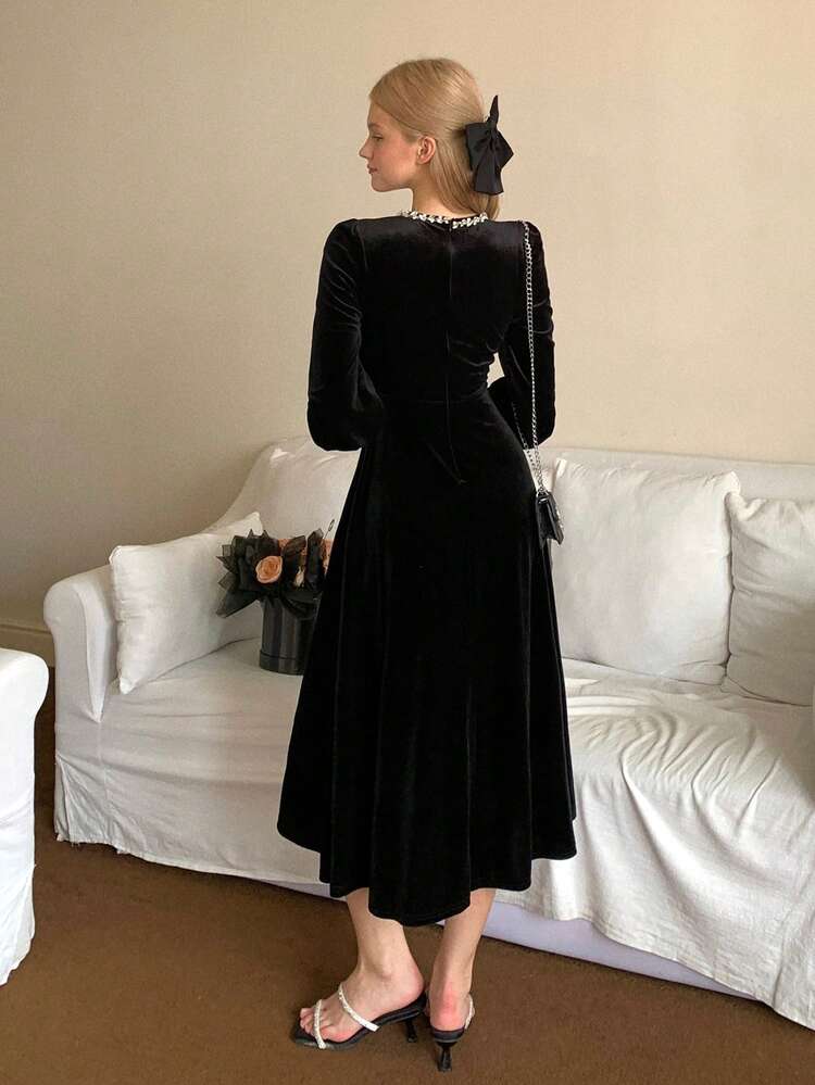 Women's Velvet Rhinestone Decor Waist Cinched Colorblock Maxi Elegant Party Dress