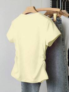 Resyla Women's Casual Chic Ruched Waist Tee, Versatile For Summer, Back To School, Daily Wear, Party, Date, Fitted Design, Solid Color, Eye-Catching - Yellow - View 2