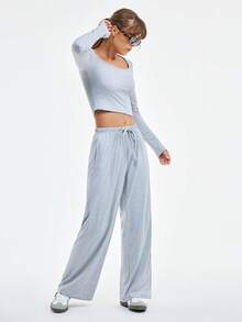 Loungeista 2pcs Women's Solid Color Square Neck Drawstring Casual Loungewear Set - Light Grey - View 6