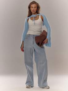 MUSERA Knit Tie Neck Flare Split Sleeve Bolero Everyday Cosy Winter - Baby Blue - View 3