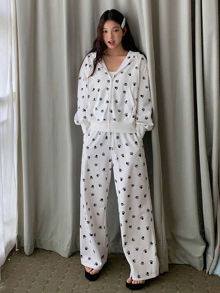 Women's Paw Print Knit Fabric Sweatshirt Pajama Set, Autumn/Winter