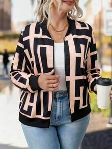 大码女式几何印花长袖拉链休闲棒球夹克，秋季 - 彩色 - 查看 5