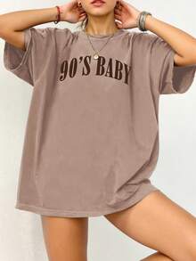 EMERY ROSE Plus Size Women Letter Print Round Neck Short Sleeve Casual Loose Versatile T-Shirt - Khaki - View 1