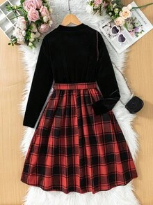 Vestido a cuadros negro y rojo para adolescentes, diseño elegante y sencillo, vestido corto de manga larga con cuello de terciopelo negro, adecuado para la escuela, vacaciones o fiestas en otoño/invierno; Vestido de manga larga a cuadros rojos y negros con cintura ajustada y falda en línea A, atuendo para fiesta de Navidad - Multicolor - Ver 2