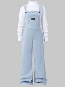 SHEIN Sparklyn 秋冬款青少年女孩休闲T恤和连体裤套装 - 淺藍色 - 查看 3