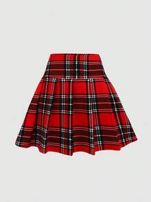 SHEIN Teen Girl Elegant Casual Mock Neck Long Sleeve T-Shirt And Plaid Pleated A-Line Skirt Set - Multicolor - View 4