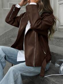 Aveloria Modichic Fashionable PU Leather Motorcycle Jacket For Women, New Slim Fit Stand Collar Long Sleeve Short Bomber Coat, Spring & Autumn  - Coffee Brown - View 5